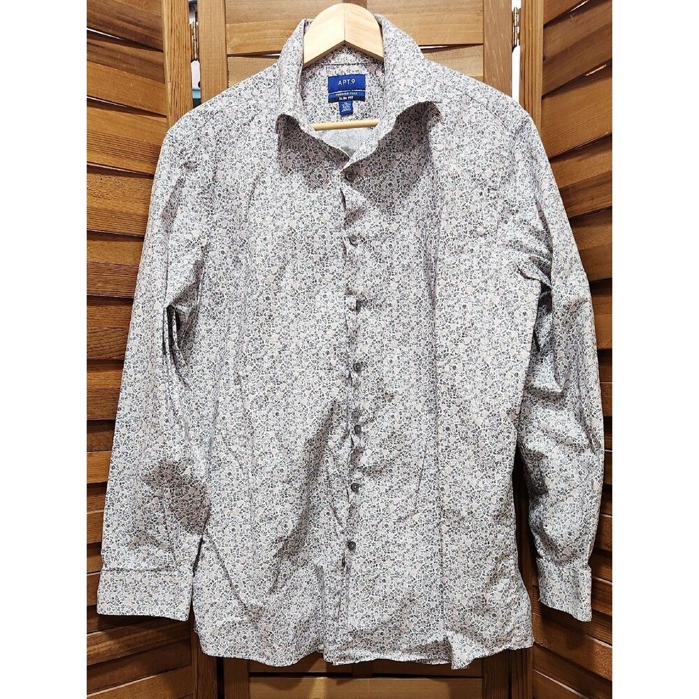 Apt. 9 Men XL White Micro Floral Button-Down Shirt Cotton Spandex Slim Fit